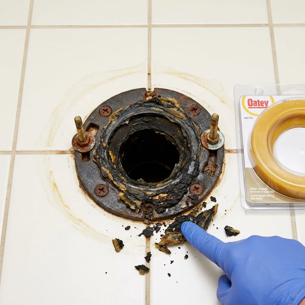 Failed wax ring showing water seepage at the base of a toilet in a Washington, ME home