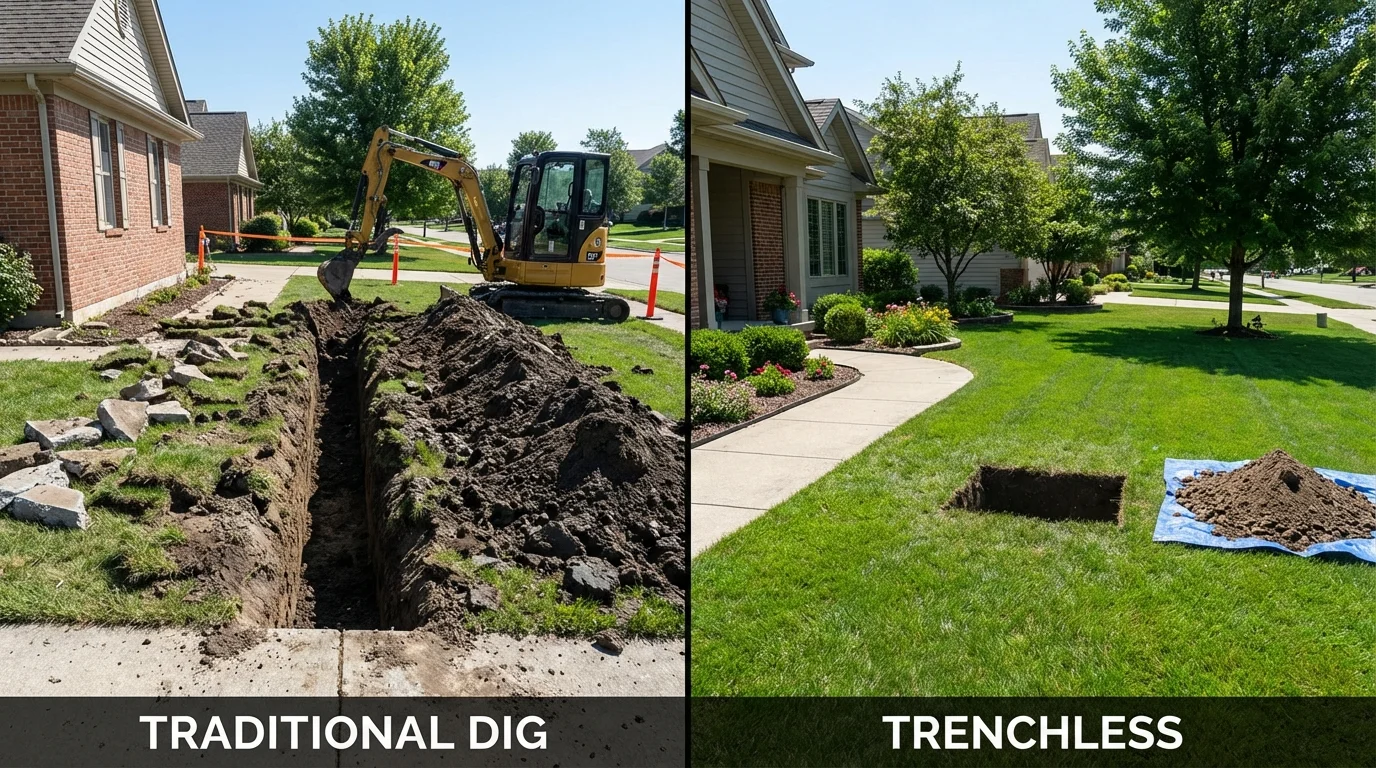 Trenchless sewer repair with minimal yard damage versus traditional excavation in Washington, ME