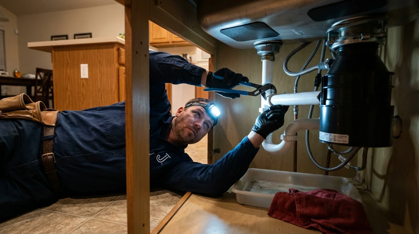 P-trap and supply line connections under a kitchen sink showing a common leak point in Washington, ME